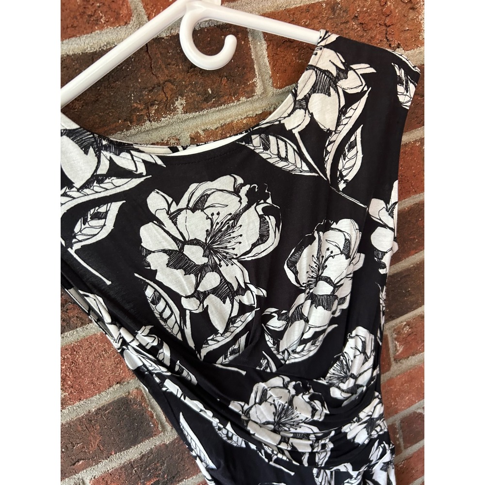 French Connection Black White Floral Draped Sheath Dress Size 6 Ruched Midi
